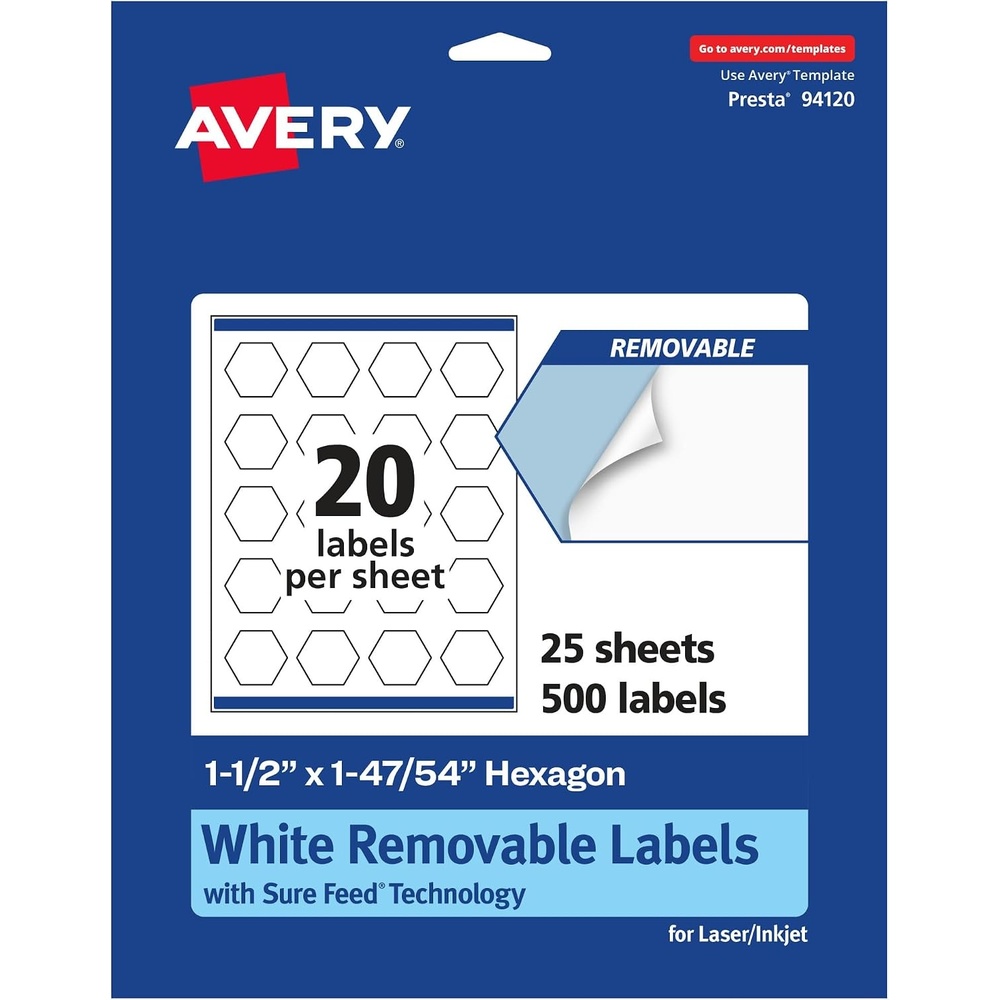 image:imageAvery Matte White Removable Hexagon Labels Sure Feed Technology PrinttoTheEdge 112 x 14754 300 Removable Labels LaserInkjet Printable500 labels