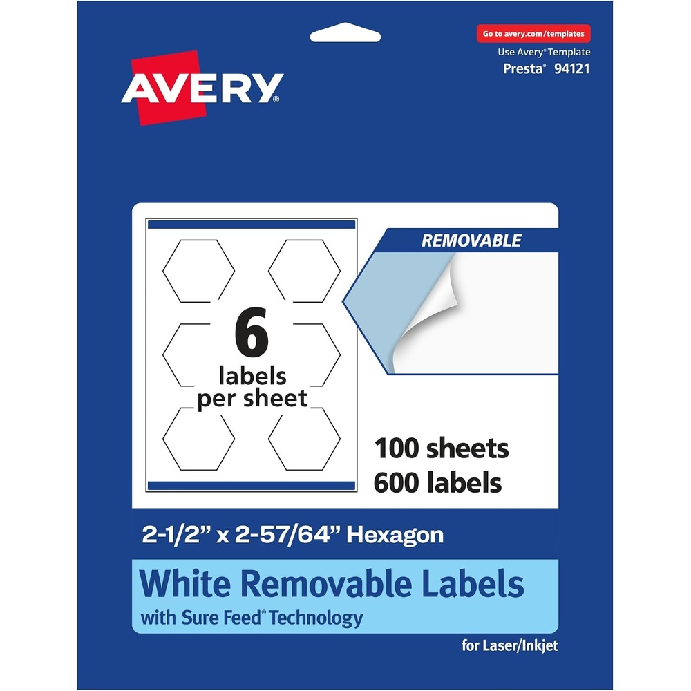 image:imageAvery Matte White Removable Hexagon Labels Sure Feed Technology PrinttoTheEdge 212 x 25764 90 Removable Labels LaserInkjet Printable600 labels