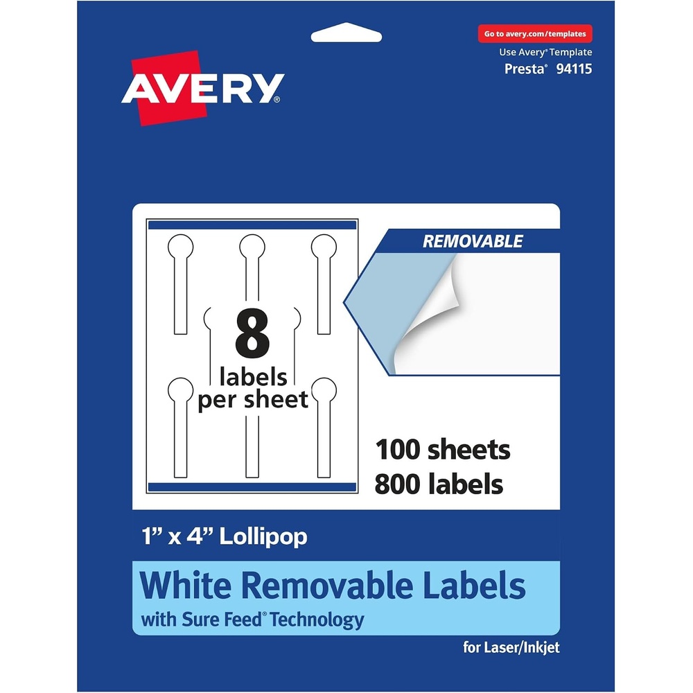 image:imageAvery Matte White Removable Lollipop Labels Sure Feed Technology PrinttoTheEdge 1 x 4 120 Removable Labels LaserInkjet Printable800 labels