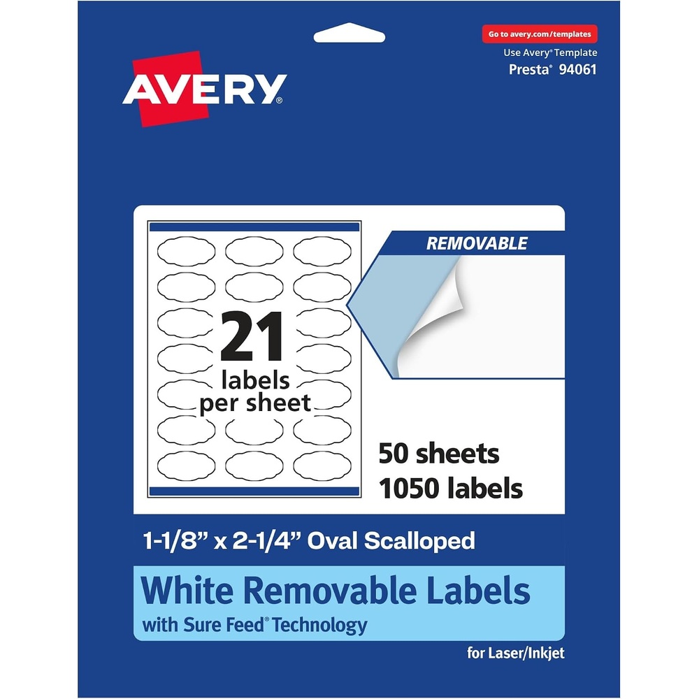 image:imageAvery Matte White Removable Oval Scalloped Labels Sure Feed Technology PrinttoTheEdge 118 x 214 315 Removable Labels LaserInkjet Printable1 050 labels