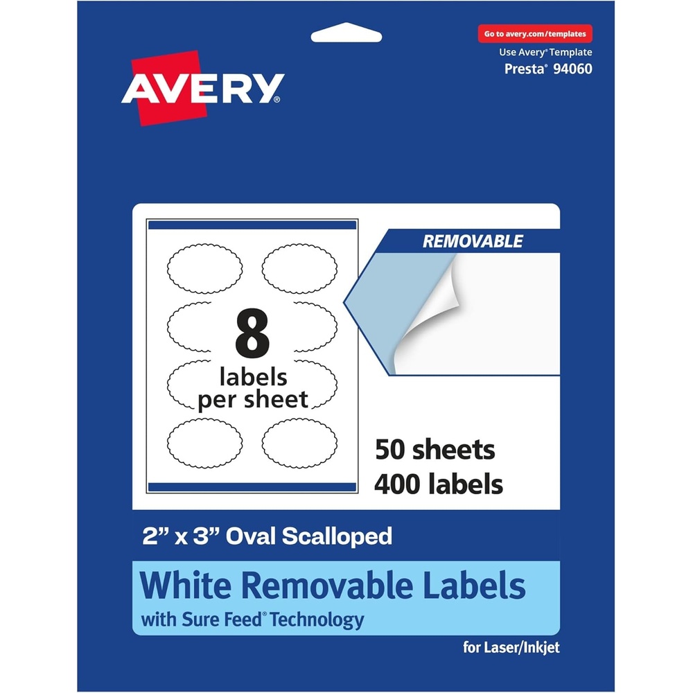 image:imageAvery Matte White Removable Oval Scalloped Labels Sure Feed Technology PrinttoTheEdge 2 x 3 120 Removable Labels LaserInkjet Printable400 labels