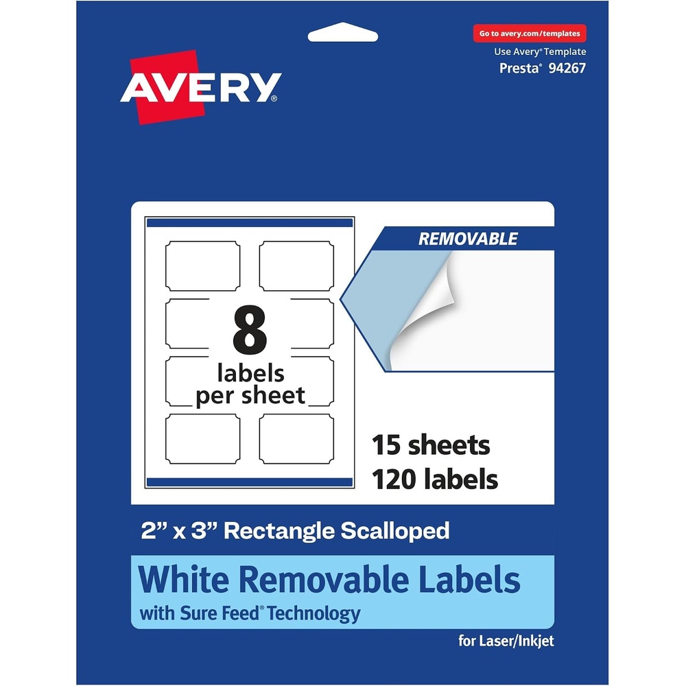 image:imageAvery Matte White Removable Rectangle Scalloped Labels Sure Feed Technology PrinttoTheEdge 2 x 3 120 Removable Labels LaserInkjet Printable120 labels