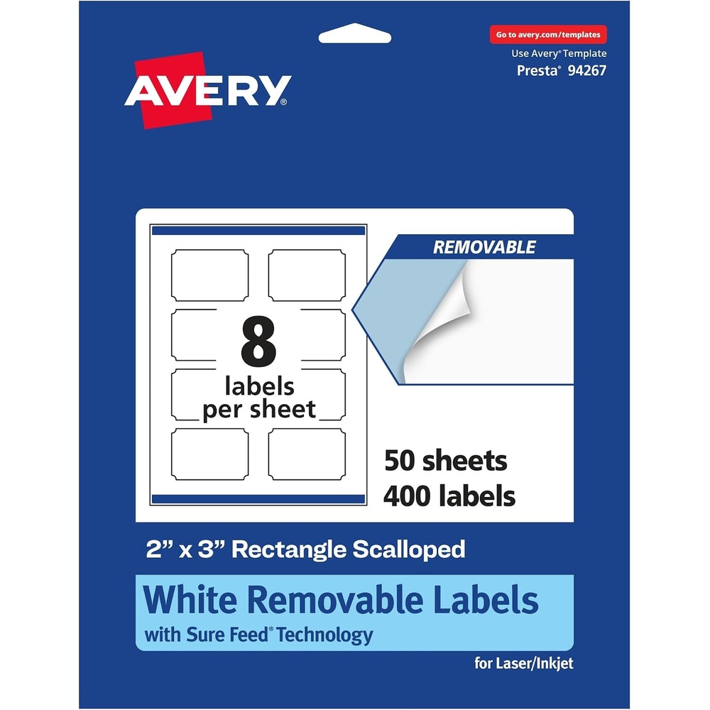 image:imageAvery Matte White Removable Rectangle Scalloped Labels Sure Feed Technology PrinttoTheEdge 2 x 3 120 Removable Labels LaserInkjet Printable400 labels