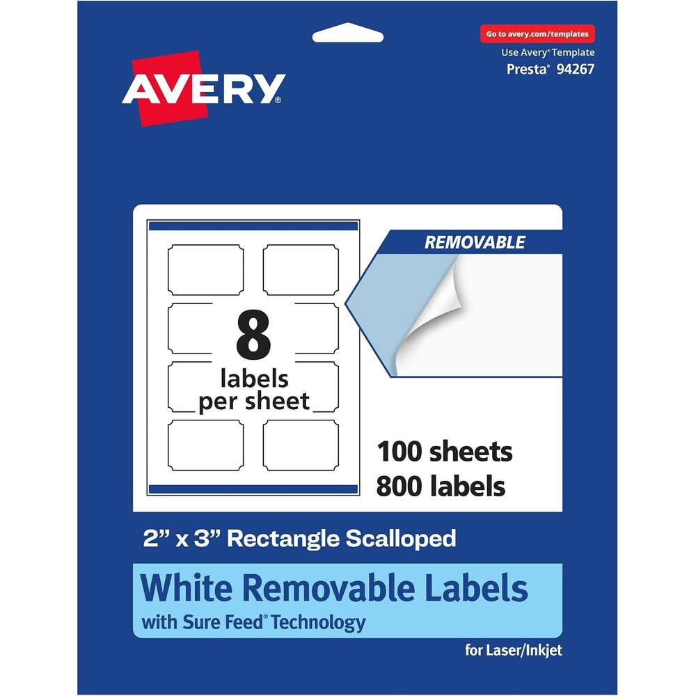 image:imageAvery Matte White Removable Rectangle Scalloped Labels Sure Feed Technology PrinttoTheEdge 2 x 3 120 Removable Labels LaserInkjet Printable800 labels