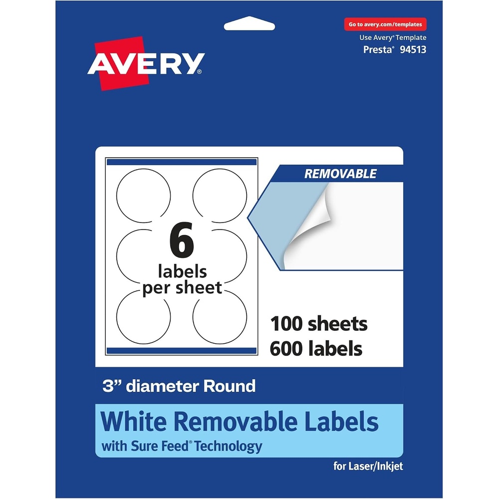 image:imageAvery Matte White Removable Round Labels Sure Feed Technology PrinttoTheEdge 3 Diameter 90 Removable Labels LaserInkjet Printable600 labels
