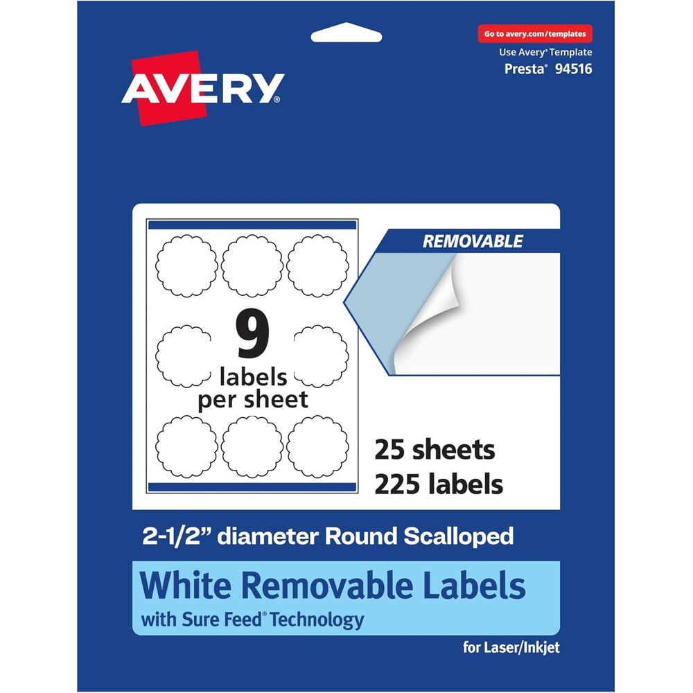 image:imageAvery Matte White Removable Round Scalloped Labels Sure Feed Technology PrinttoTheEdge 25 Diameter 135 Removable Labels LaserInkjet Printable225 labels