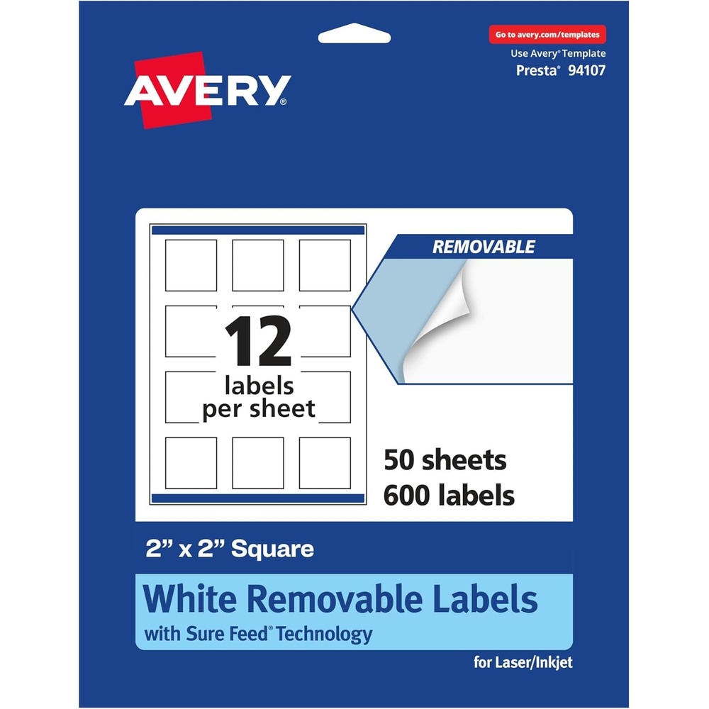 image:imageAvery Matte White Removable Square Labels Sure Feed Technology PrinttoTheEdge 2 x 2 180 Removable Labels LaserInkjet Printable600 labels