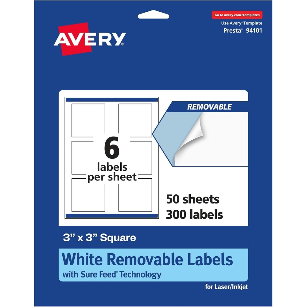 image:imageAvery Matte White Removable Square Labels Sure Feed Technology PrinttoTheEdge 3 x 3 150 Removable Labels LaserInkjet Printable300 labels