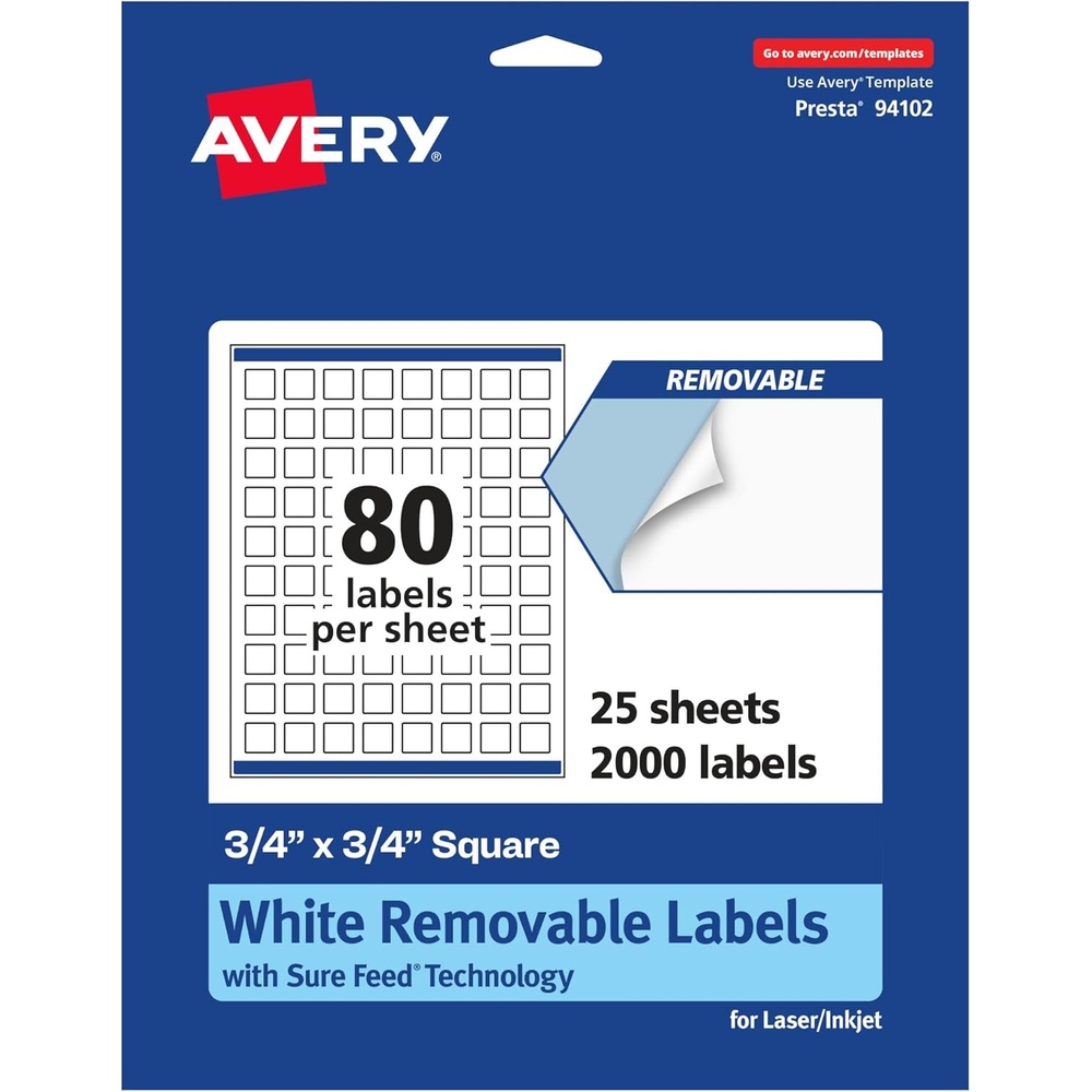 image:imageAvery Matte White Removable Square Labels Sure Feed Technology PrinttoTheEdge 34 x 34 1200 Removable Labels LaserInkjet Printable2 000 labels