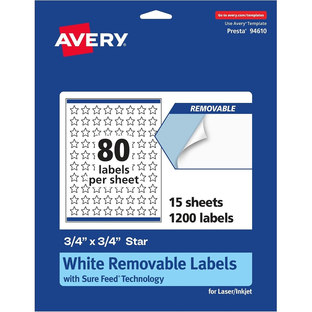 image:imageAvery Matte White Removable Star Labels Sure Feed Technology PrinttoTheEdge 075 x 075 1200 Removable Labels LaserInkjet Printable1 200 labels