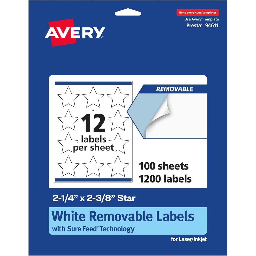 image:imageAvery Matte White Removable Star Labels Sure Feed Technology PrinttoTheEdge 214 x 238 180 Removable Labels LaserInkjet Printable1 200 labels