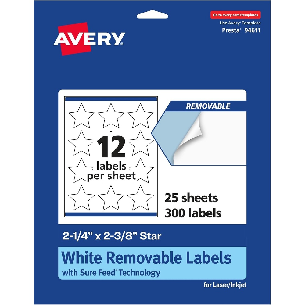 image:imageAvery Matte White Removable Star Labels Sure Feed Technology PrinttoTheEdge 214 x 238 180 Removable Labels LaserInkjet Printable300 labels