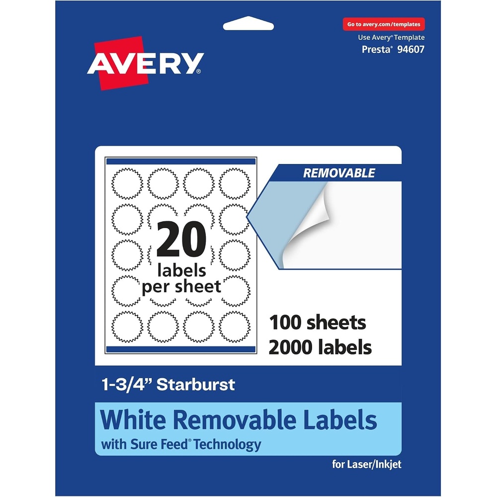 image:imageAvery Matte White Removable Starburst Labels Sure Feed Technology PrinttoTheEdge 175 300 Removable Labels LaserInkjet Printable2 000 labels