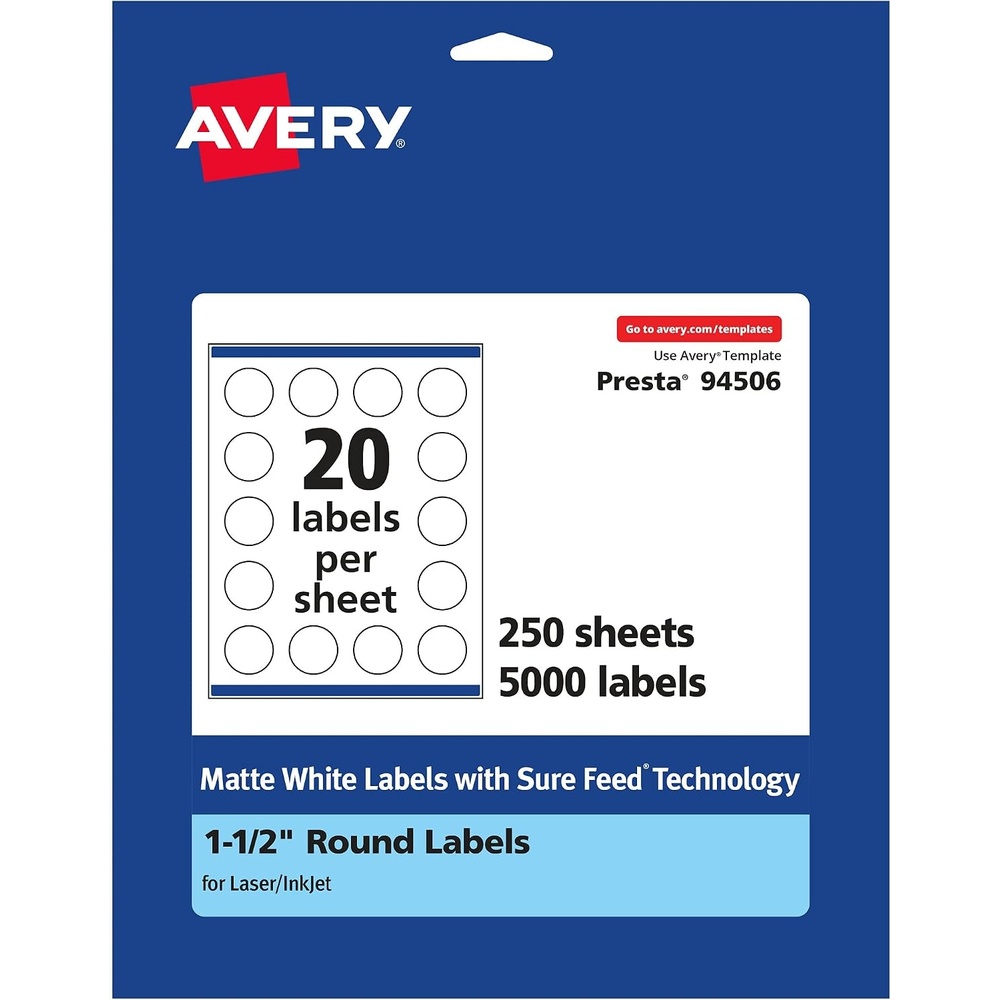 image:imageAvery Matte White Round Labels Sure Feed Technology 15 Diameter 500 Matte White Printable Labels5 000 Labels