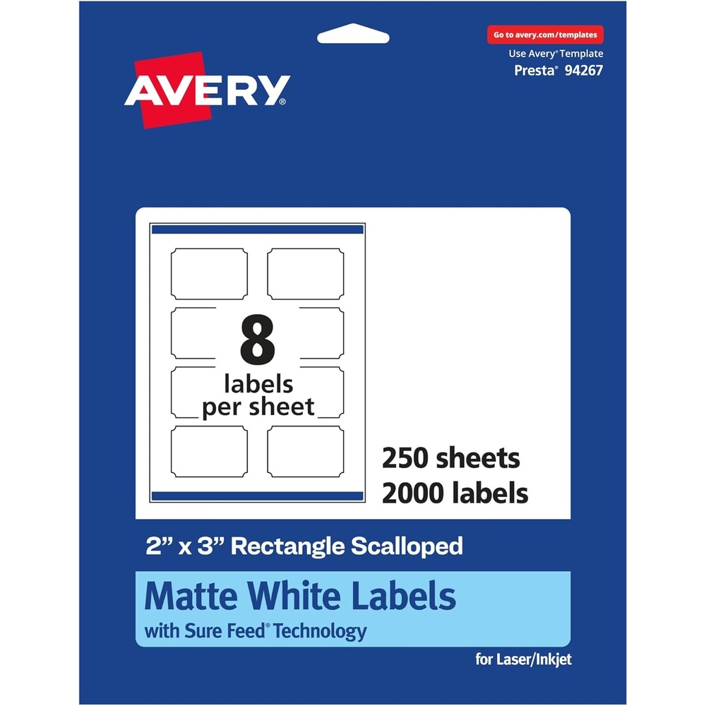 image:imageAvery Matte White Scalloped Rectangle Labels Sure Feed Technology 2 x 3 200 Matte White Printable Labels2 000 Labels