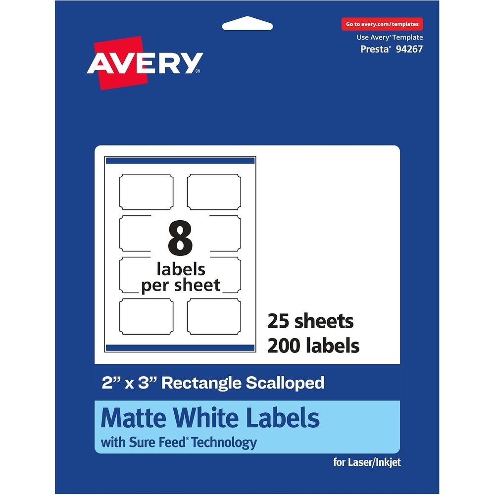 image:imageAvery Matte White Scalloped Rectangle Labels Sure Feed Technology 2 x 3 200 Matte White Printable Labels200 Labels