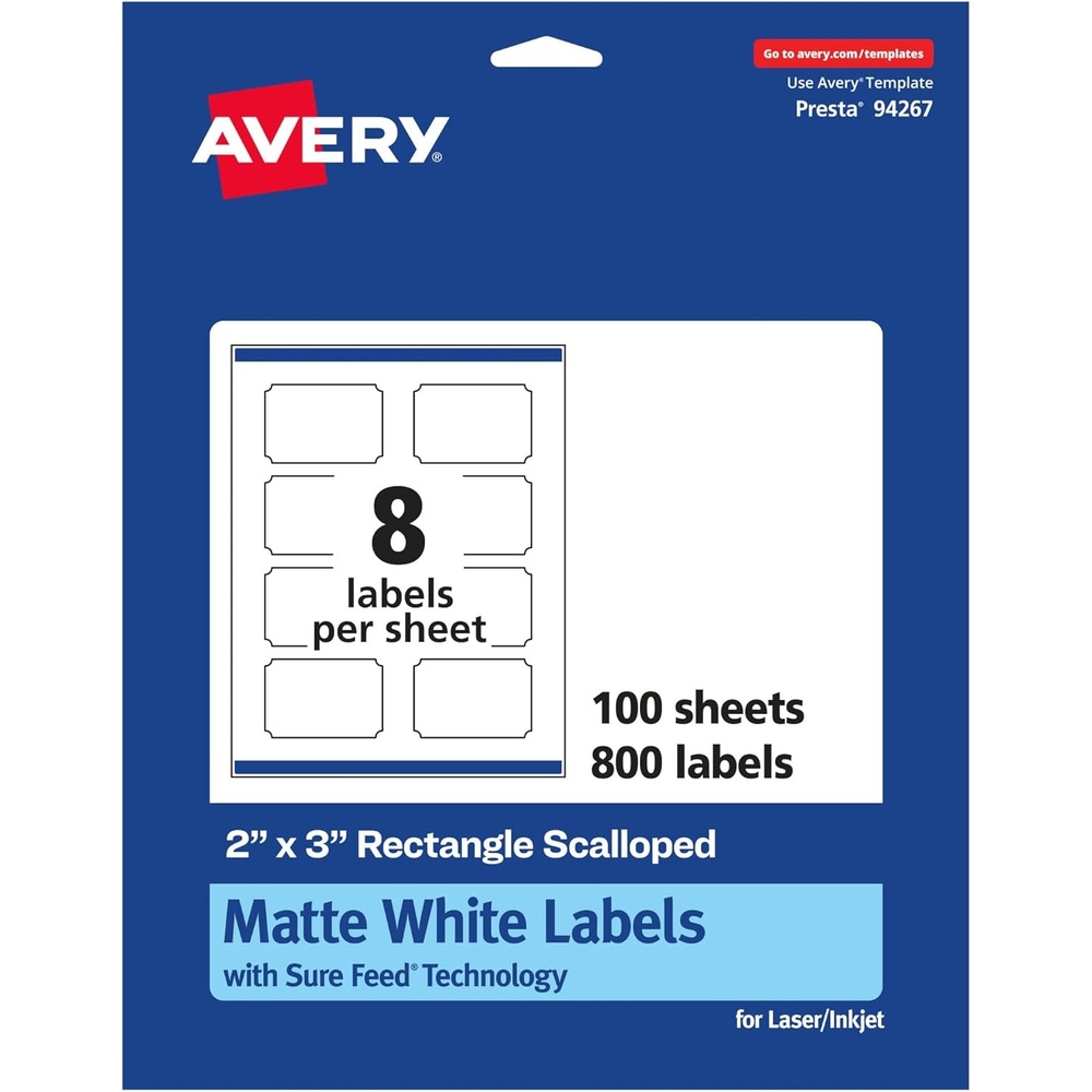 image:imageAvery Matte White Scalloped Rectangle Labels Sure Feed Technology 2 x 3 200 Matte White Printable Labels800 Labels