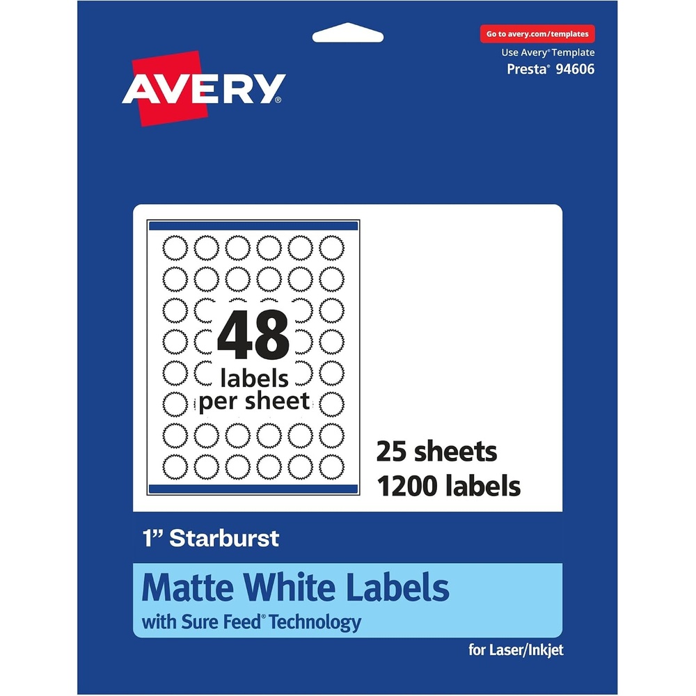 image:imageAvery Matte White Starburst Labels Sure Feed Technology 1 2400 Matte White Printable Labels1 200 Labels