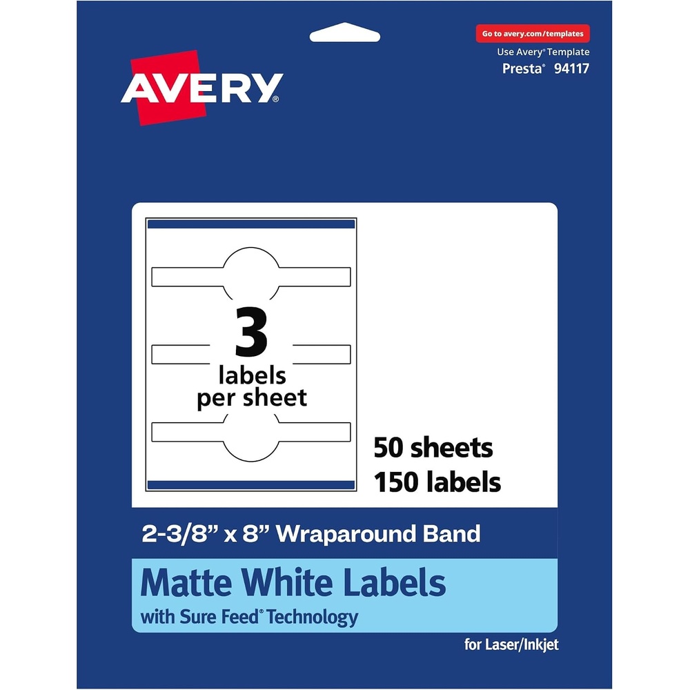 image:imageAvery Matte White Wraparound Band Labels Sure Feed Technology 238 x 8 Cigar Band Labels Permanent Adhesive LaserInkjet Printable 75 Total150 labels