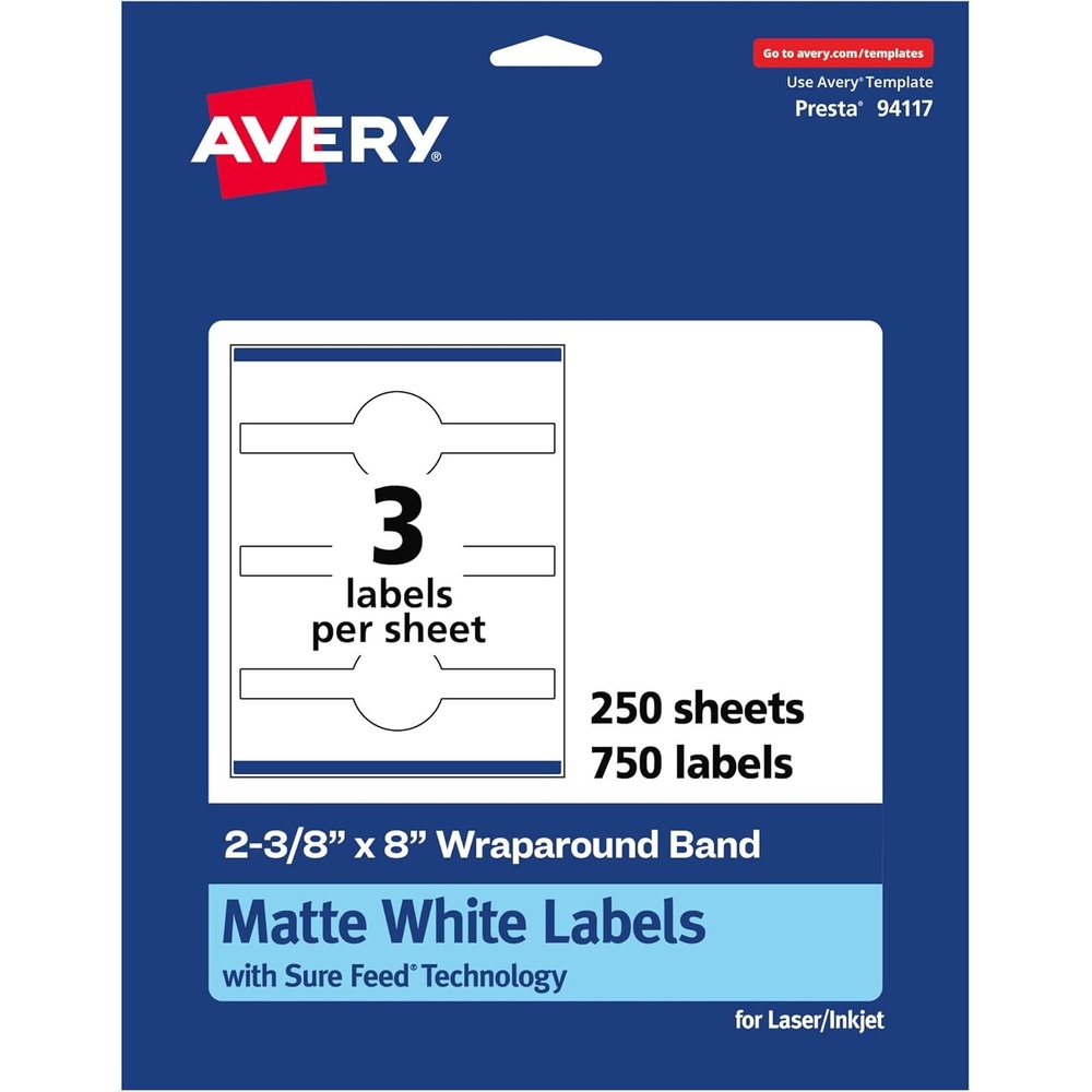 image:imageAvery Matte White Wraparound Band Labels Sure Feed Technology 238 x 8 Cigar Band Labels Permanent Adhesive LaserInkjet Printable 75 Total750 labels
