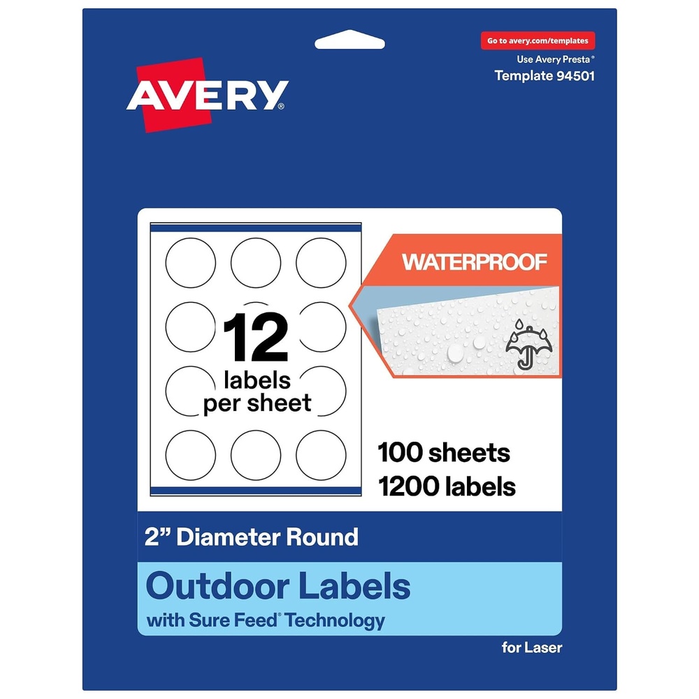 image:imageAvery Outdoor Waterproof Round Labels with Sure Feed Technology 2 Diameter White Film PrinttoTheEdge Compatible with Laser Printers 120 Labels Total1 200 labels