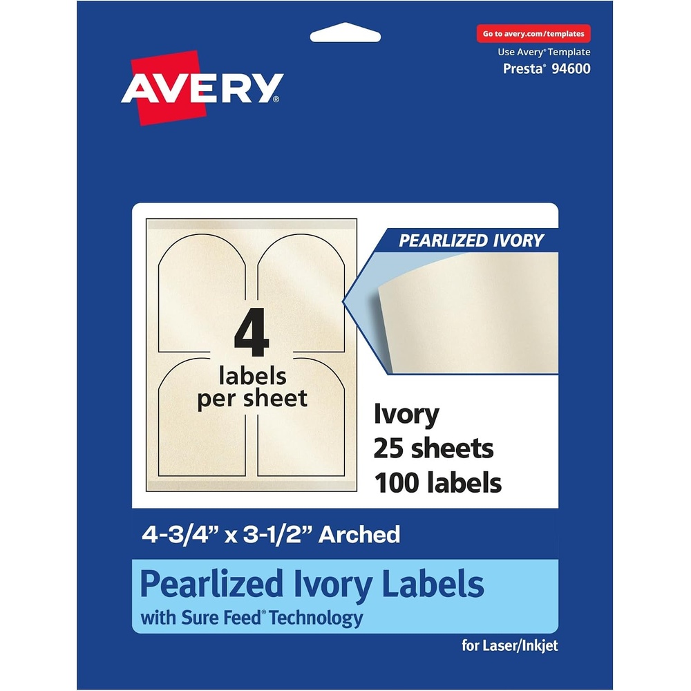image:imageAvery Pearlized Ivory Arched Labels Sure Feed Technology PrinttoTheEdge 475 x 35 40 Pearlized Ivory Labels LaserInkjet Printable100 labels