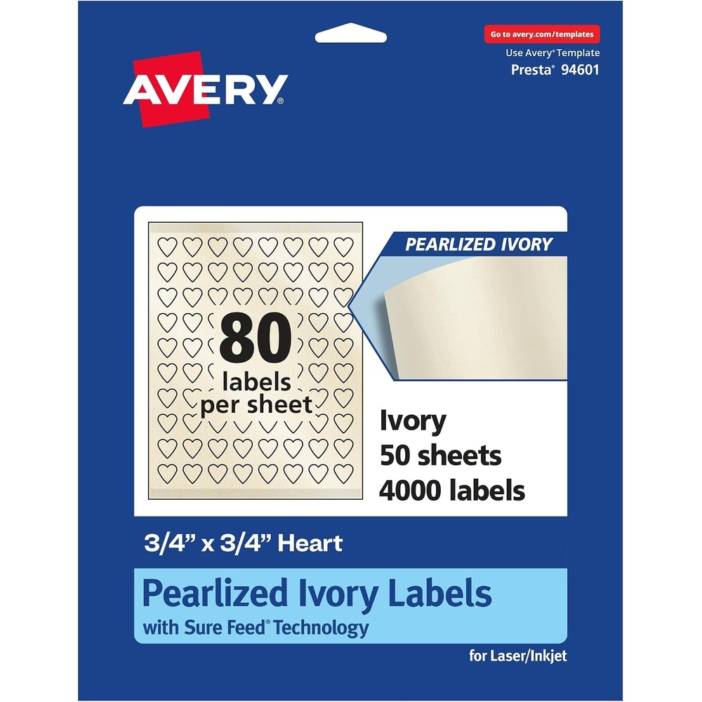 image:imageAvery Pearlized Ivory Heart Labels Sure Feed Technology PrinttoTheEdge 075 x 075 800 Pearlized Ivory Labels LaserInkjet Printable4 000 labels