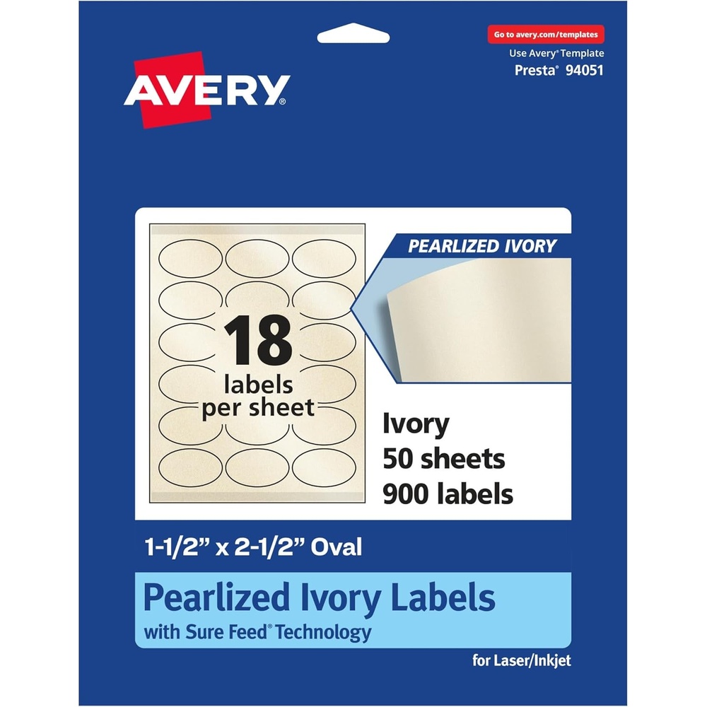 image:imageAvery Pearlized Ivory Oval Labels Sure Feed Technology 15 x 25 180 Pearlized Ivory Labels LaserInkjet Printable900 labels