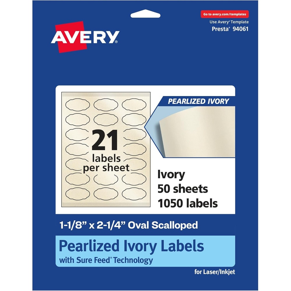 image:imageAvery Pearlized Ivory Oval Scalloped Labels Sure Feed Technology PrinttoTheEdge 118 x 214 210 Pearlized Ivory Labels LaserInkjet Printable1 050 labels