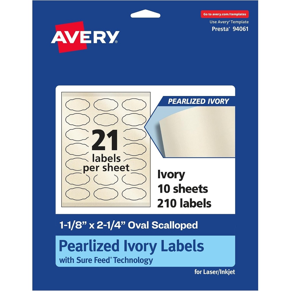 image:imageAvery Pearlized Ivory Oval Scalloped Labels Sure Feed Technology PrinttoTheEdge 118 x 214 210 Pearlized Ivory Labels LaserInkjet Printable210 labels