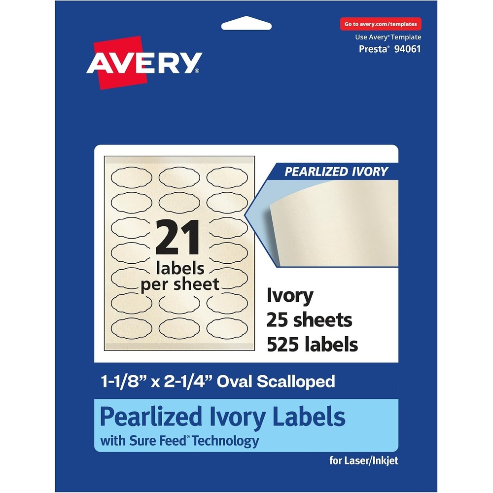 image:imageAvery Pearlized Ivory Oval Scalloped Labels Sure Feed Technology PrinttoTheEdge 118 x 214 210 Pearlized Ivory Labels LaserInkjet Printable525 labels