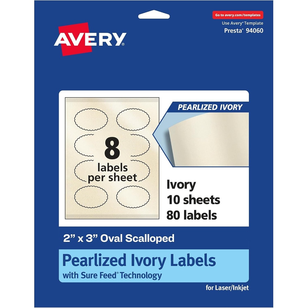 image:imageAvery Pearlized Ivory Oval Scalloped Labels Sure Feed Technology PrinttoTheEdge 2 x 3 80 Pearlized Ivory Labels LaserInkjet Printable80 labels