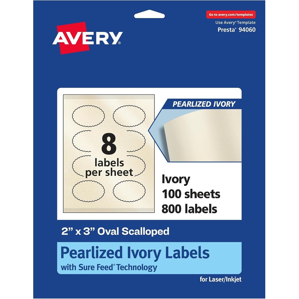 image:imageAvery Pearlized Ivory Oval Scalloped Labels Sure Feed Technology PrinttoTheEdge 2 x 3 80 Pearlized Ivory Labels LaserInkjet Printable800 labels