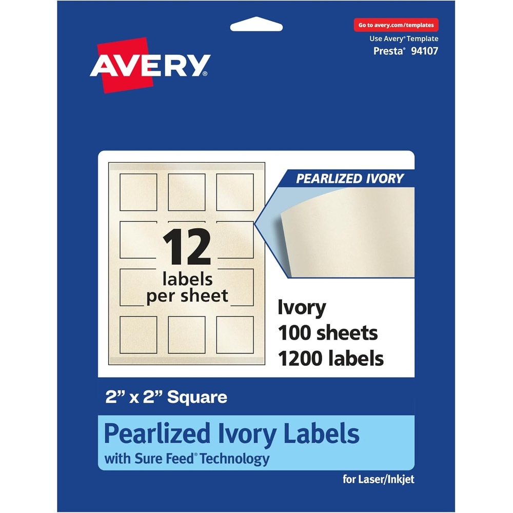 image:imageAvery Pearlized Ivory Square Labels Sure Feed Technology PrinttoTheEdge 2 x 2 120 Pearlized Ivory Labels LaserInkjet Printable1 200 labels