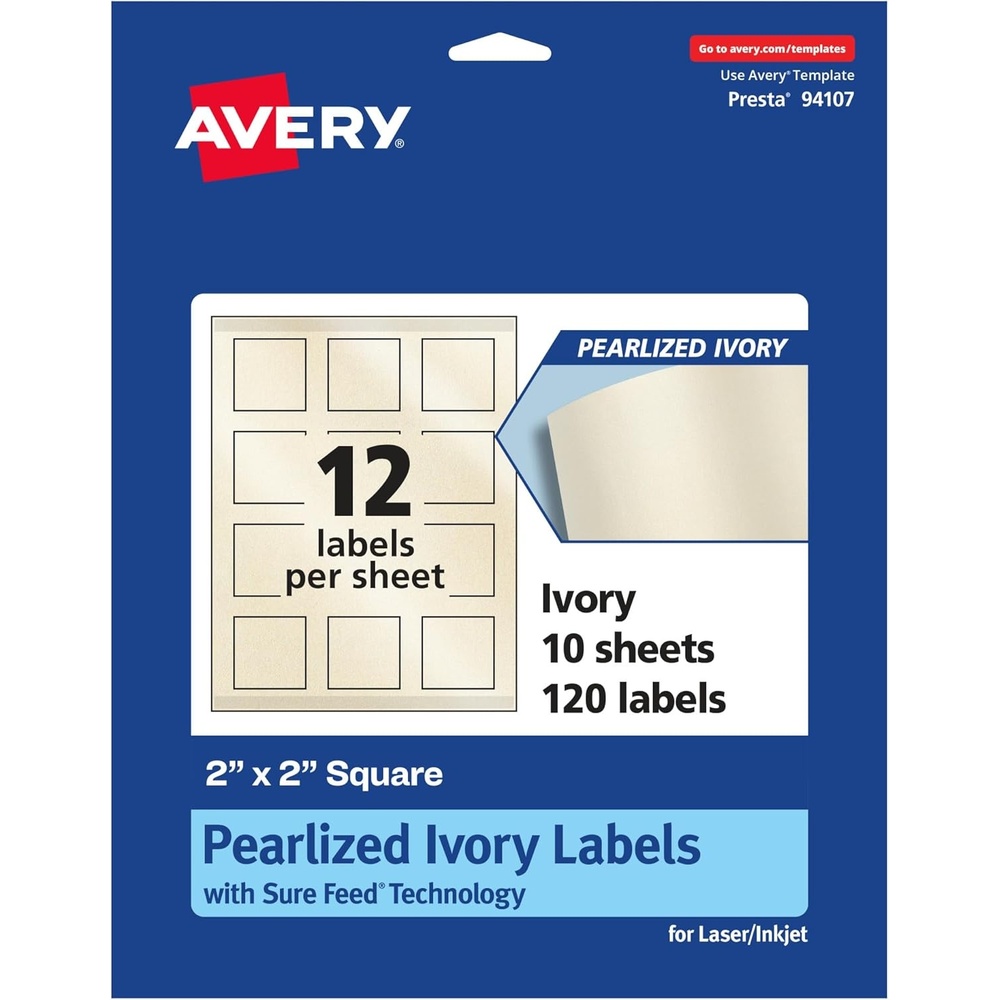 image:imageAvery Pearlized Ivory Square Labels Sure Feed Technology PrinttoTheEdge 2 x 2 120 Pearlized Ivory Labels LaserInkjet Printable120 labels