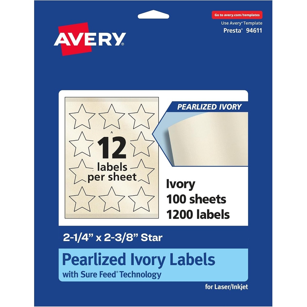 image:imageAvery Pearlized Ivory Star Labels Sure Feed Technology PrinttoTheEdge 214 x 238 120 Pearlized Ivory Labels LaserInkjet Printable1 200 labels