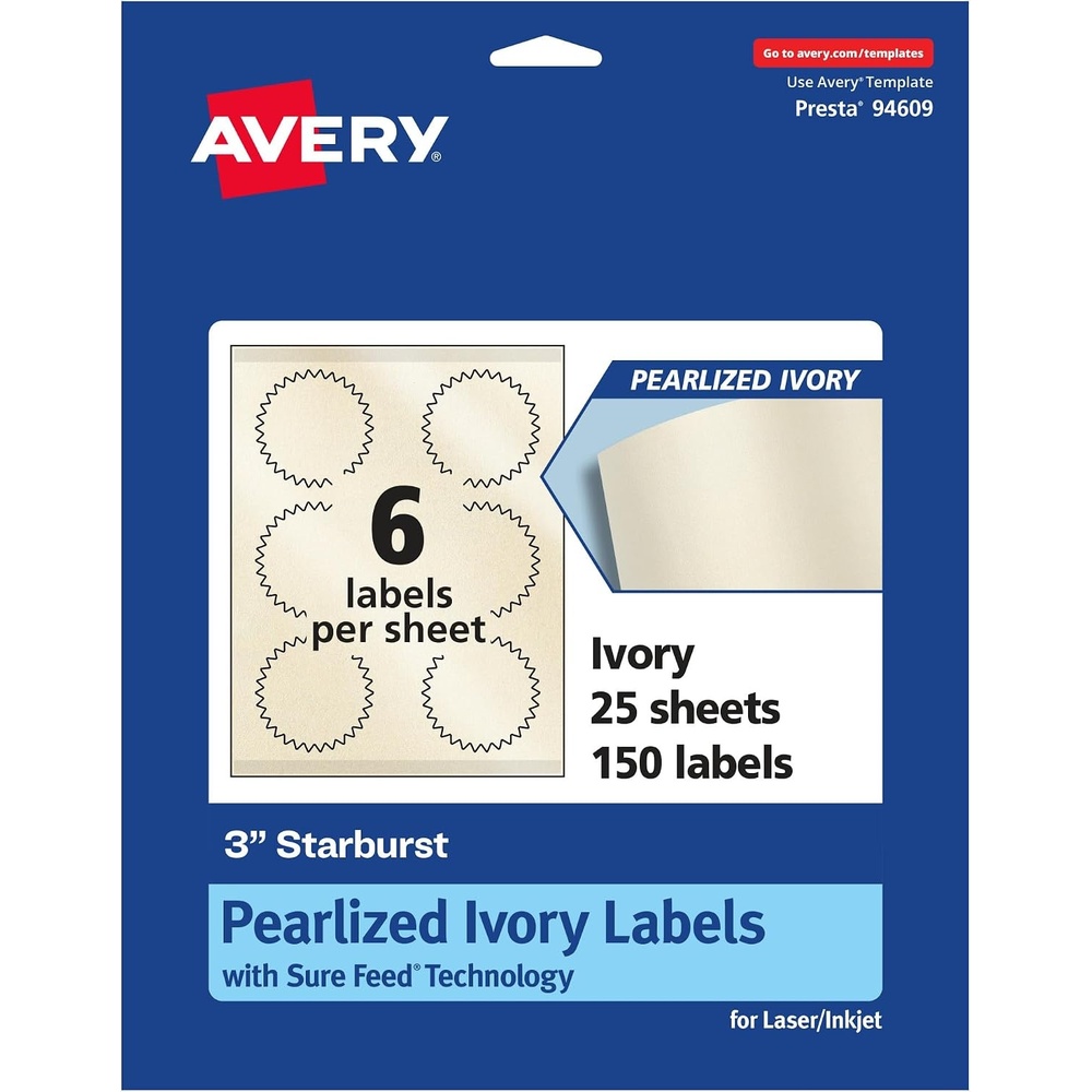 image:imageAvery Pearlized Ivory Starburst Labels Sure Feed Technology PrinttoTheEdge 3 150 Pearlized Ivory Labels LaserInkjet Printable150 labels