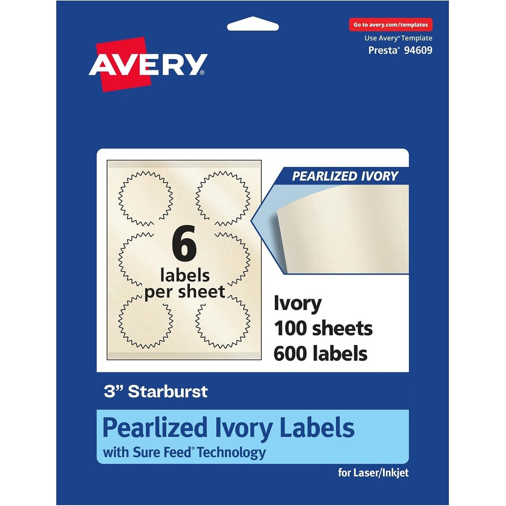 image:imageAvery Pearlized Ivory Starburst Labels Sure Feed Technology PrinttoTheEdge 3 150 Pearlized Ivory Labels LaserInkjet Printable600 labels