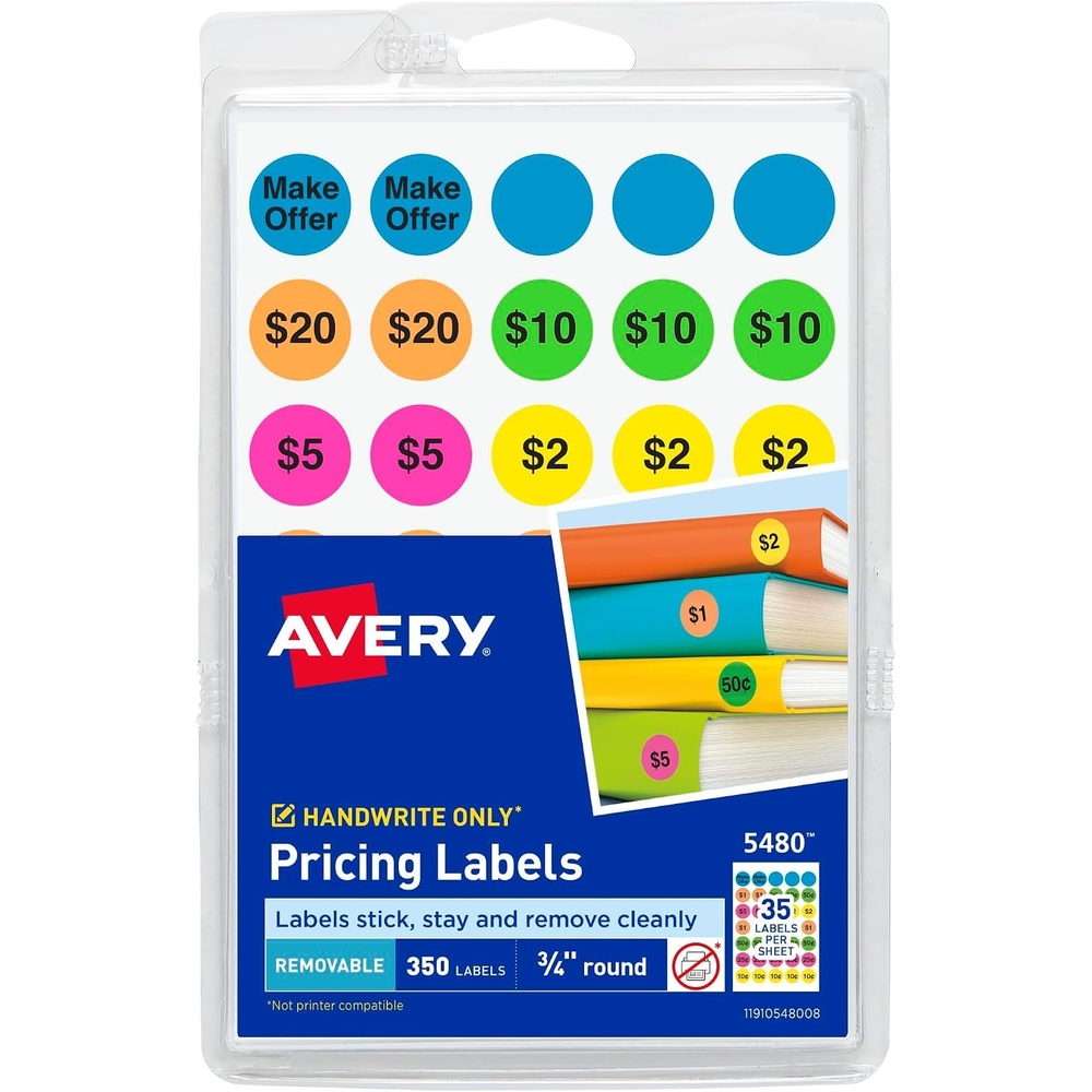image:imageAvery Preprinted Removable Pricing Labels 34 Inch Round Labels Assorted Neon Colors NonPrintable 350 Pricing Stickers Total 5480