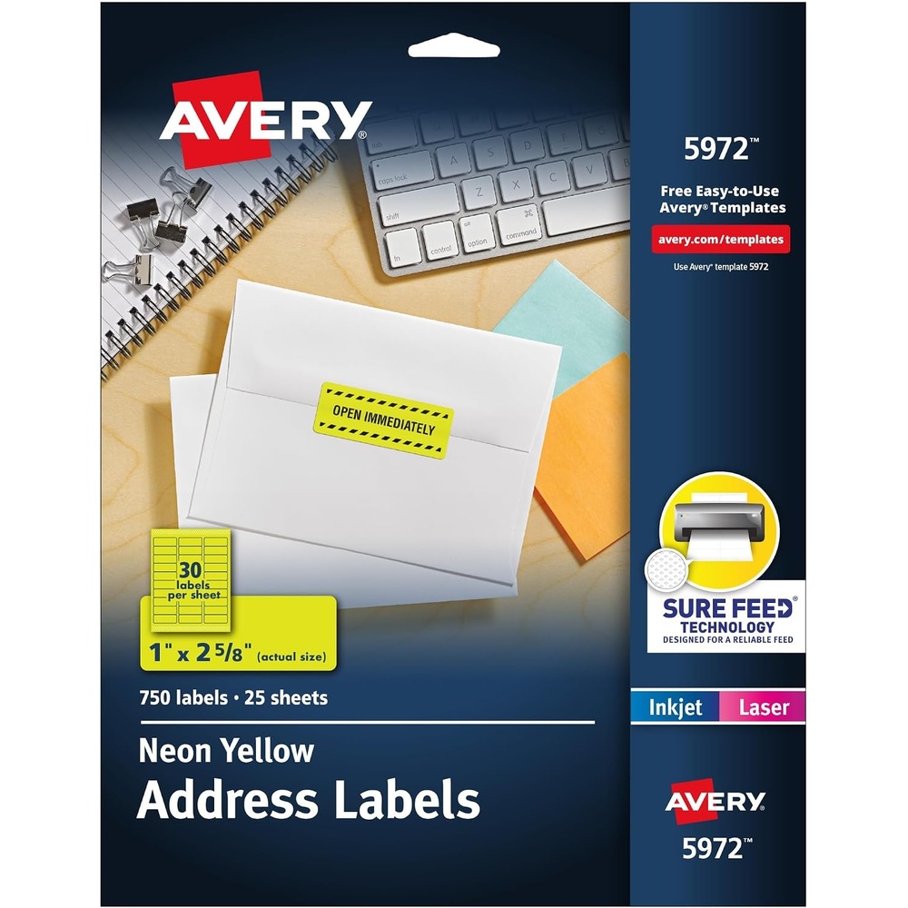 image:imageAvery Printable Address Labels with Sure Feed 1 x 258 Assorted Neon Colors Magenta Green and Yellow Laser amp Inkjet Compatible 450 Blank Labels Total 5979Neon Yellow