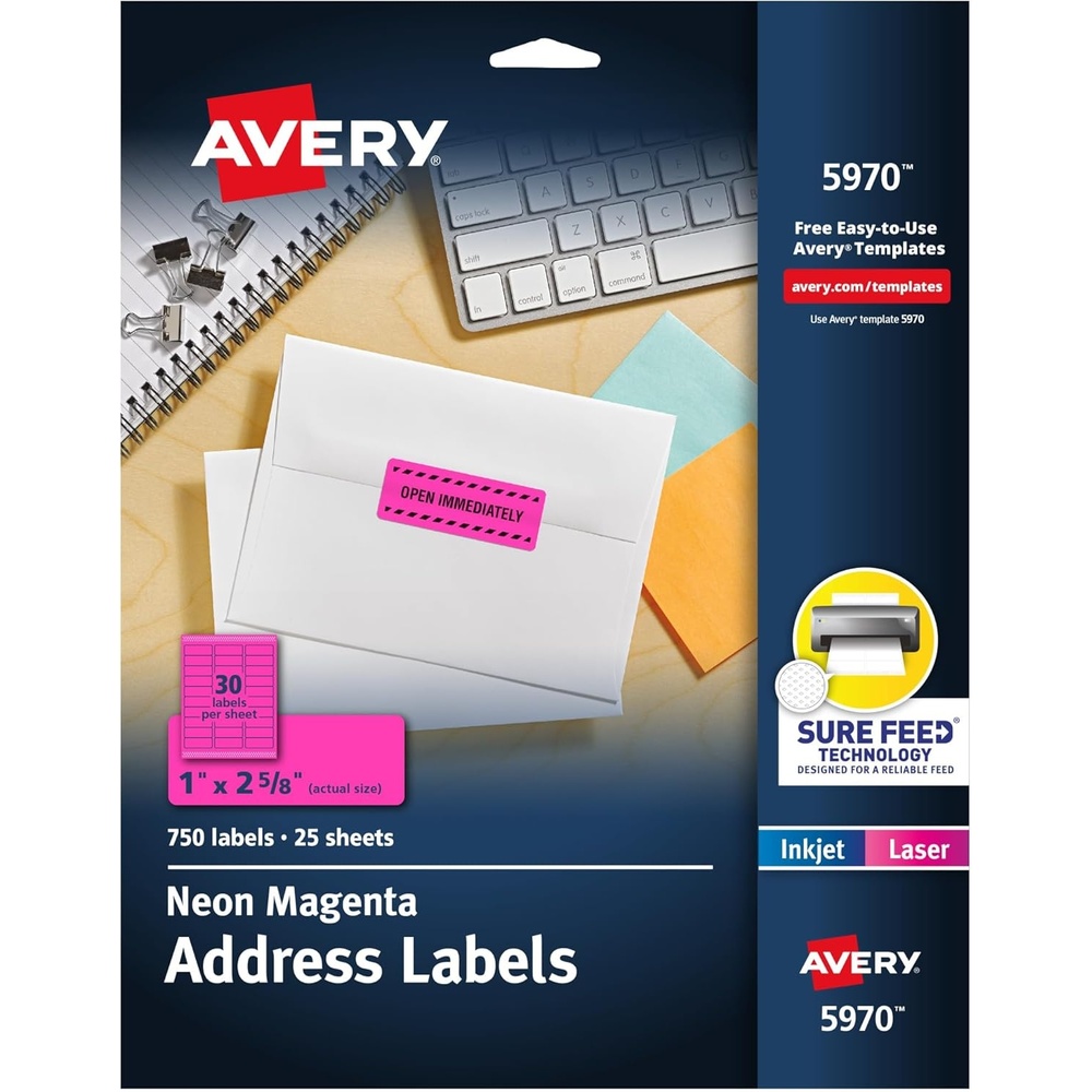 image:imageAvery Printable Address Labels with Sure Feed 1 x 258 Assorted Neon Colors Magenta Green and Yellow Laser amp Inkjet Compatible 450 Blank Labels Total 5979Neon Magenta