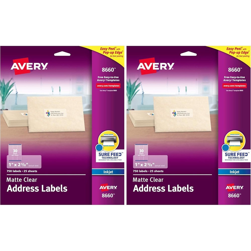 image:imageAvery Printable Address Labels with Sure Feed Technology 1 x 258 Matte Clear Compatible with Inkjet Printers 750 Blank Labels Total Great for Mailing Branding and More 86601 in X 258 in Pack of 2