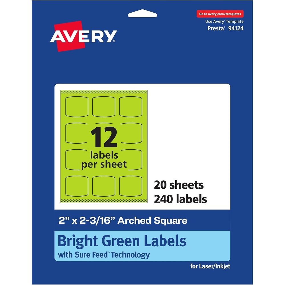 image:imageAvery Printable Arched Square Labels Sure Feed Technology 2 x 2316 Bright Green Labels PrinttoTheEdge LaserInkjet Printable 240 Total Great for Cosmetics and Soaps