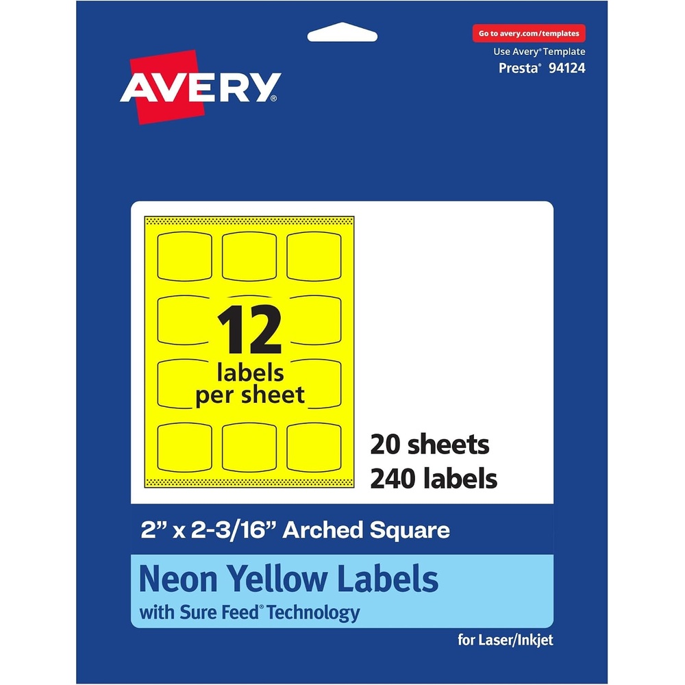 image:imageAvery Printable Arched Square Labels Sure Feed Technology 2 x 2316 Neon Yellow Labels PrintToTheEdge LaserInkjet Printable 240 Total Great for Cosmetics and Soaps