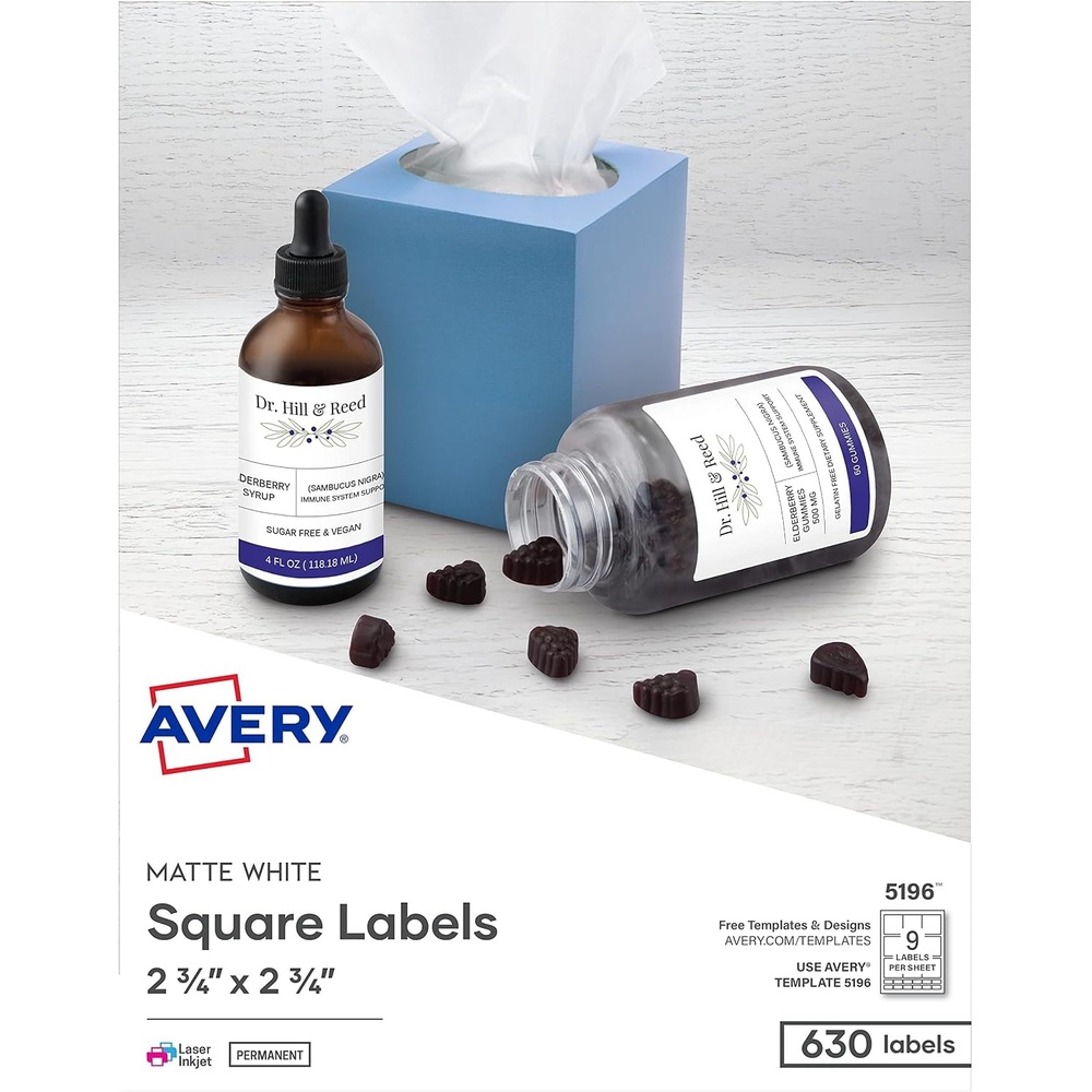 image:imageAvery Printable Blank Square Labels 275 x 275 Matte White 630 Customizable Labels 5196275 x 275 Pack of 5