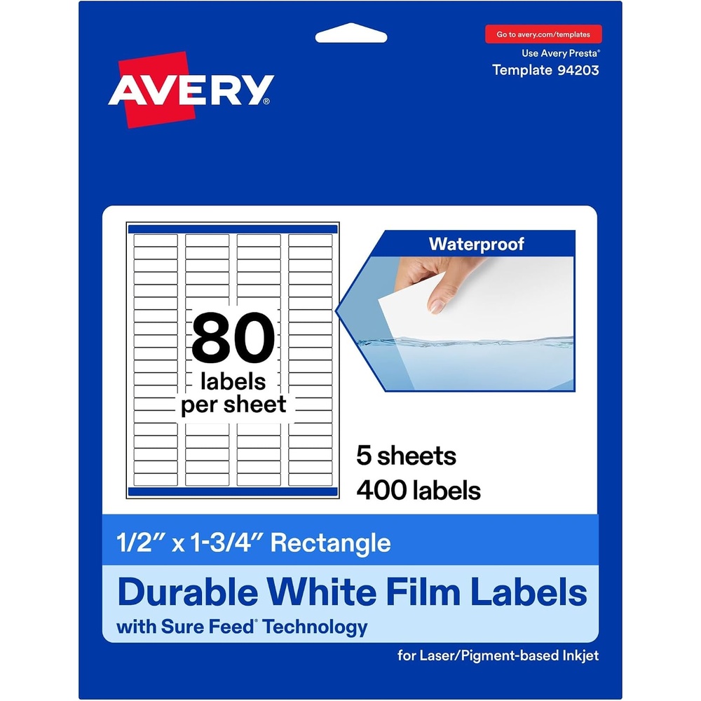 image:imageAvery Printable Durable White Rectangle Labels Sure Feed Technology 05 x 175 Waterproof Labels Laser amp PigmentBased Inkjet Compatible 800 Total400 labels