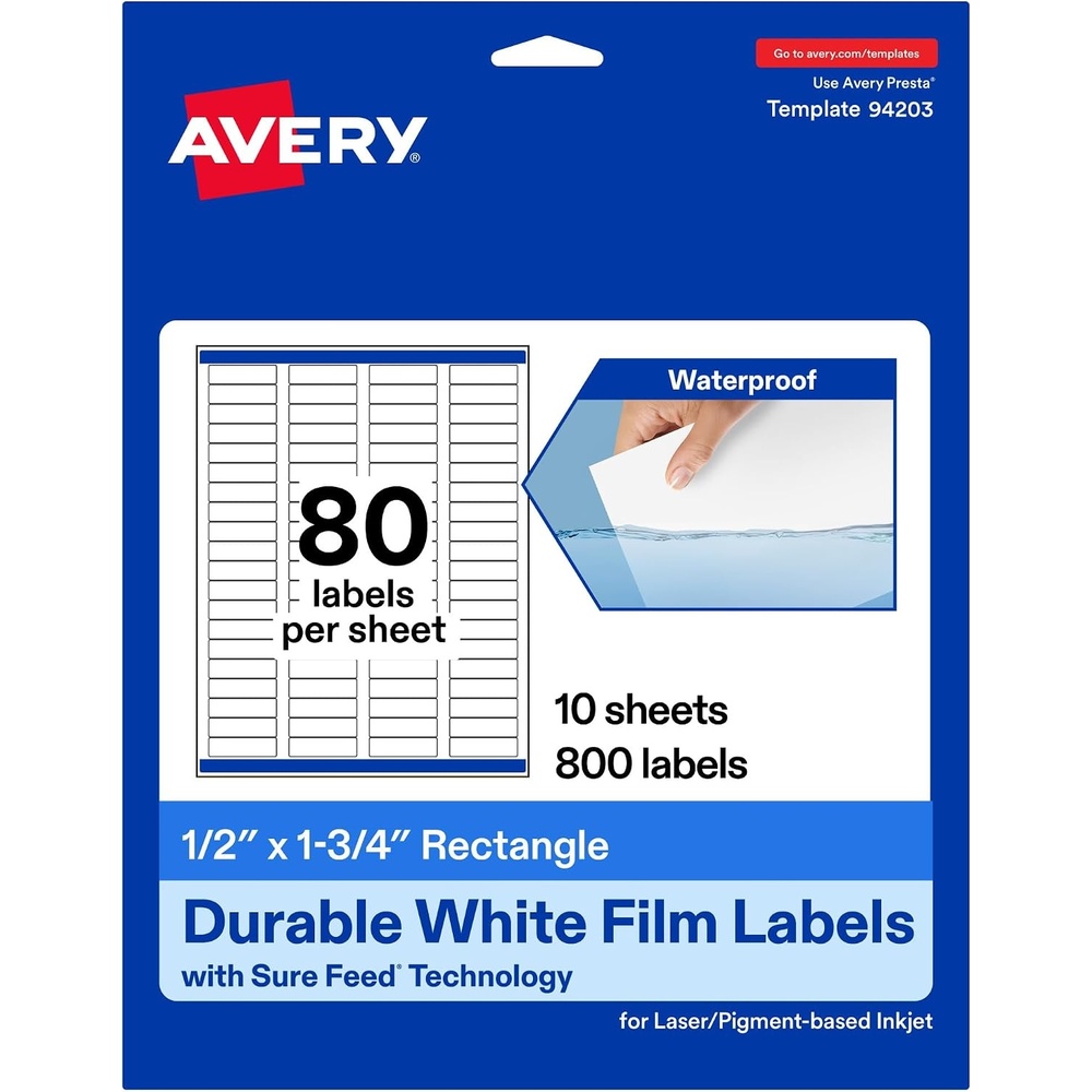 image:imageAvery Printable Durable White Rectangle Labels Sure Feed Technology 05 x 175 Waterproof Labels Laser amp PigmentBased Inkjet Compatible 800 Total800 labels