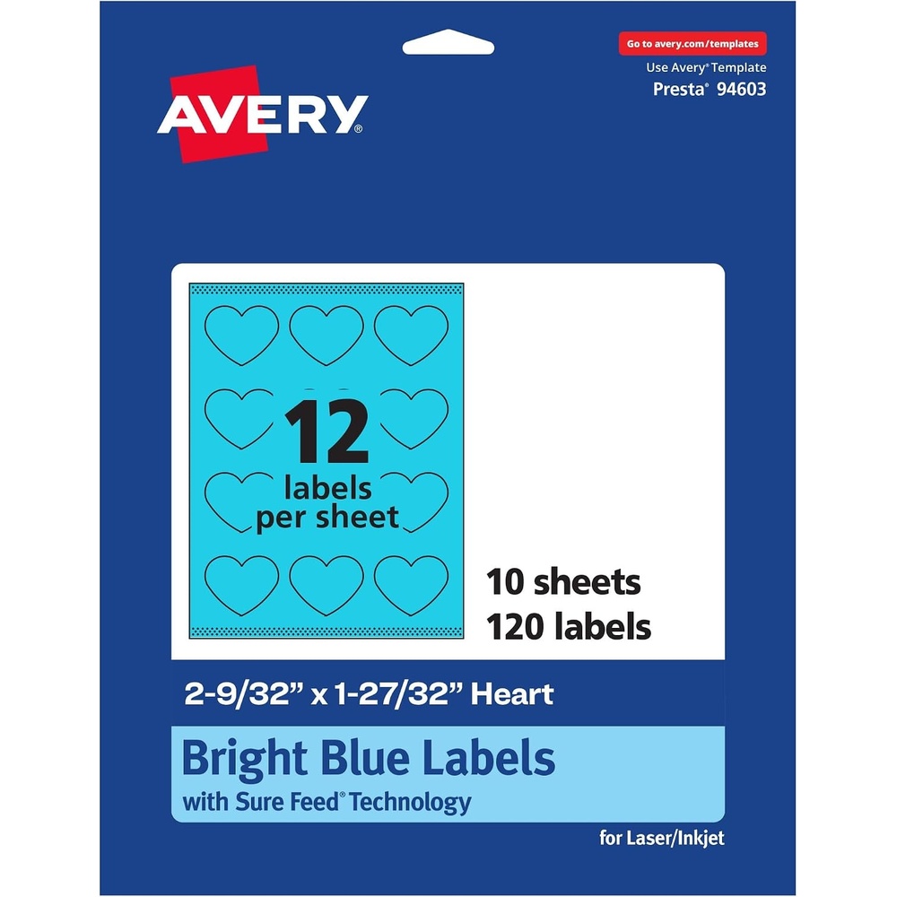 image:imageAvery Printable Heart Labels Sure Feed Technology 2932 x 12732 Bright Blue Labels PrinttoTheEdge LaserInkjet Printable 120 Total Great for Mailing Seals and Packaging120 labels