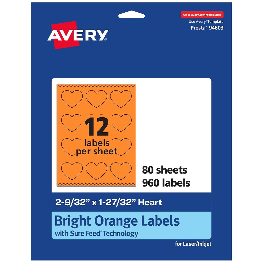 image:imageAvery Printable Heart Labels Sure Feed Technology 2932 x 12732 Bright Orange Labels PrinttoTheEdge LaserInkjet Printable 120 Total Great for Mailing Seals and Packaging960 labels