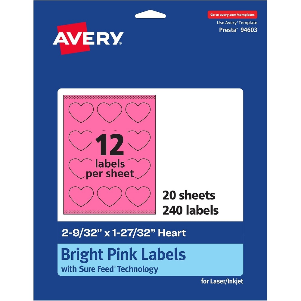 image:imageAvery Printable Heart Labels Sure Feed Technology 2932 x 12732 Bright Pink Labels PrinttoTheEdge LaserInkjet Printable 120 Total Great for Mailing Seals and Packaging240 labels